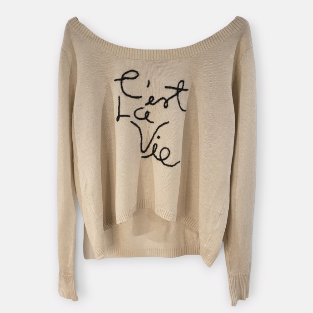 Styla "C'est La Vie" Knit Graphic Cropped Sweater, Small/Medium